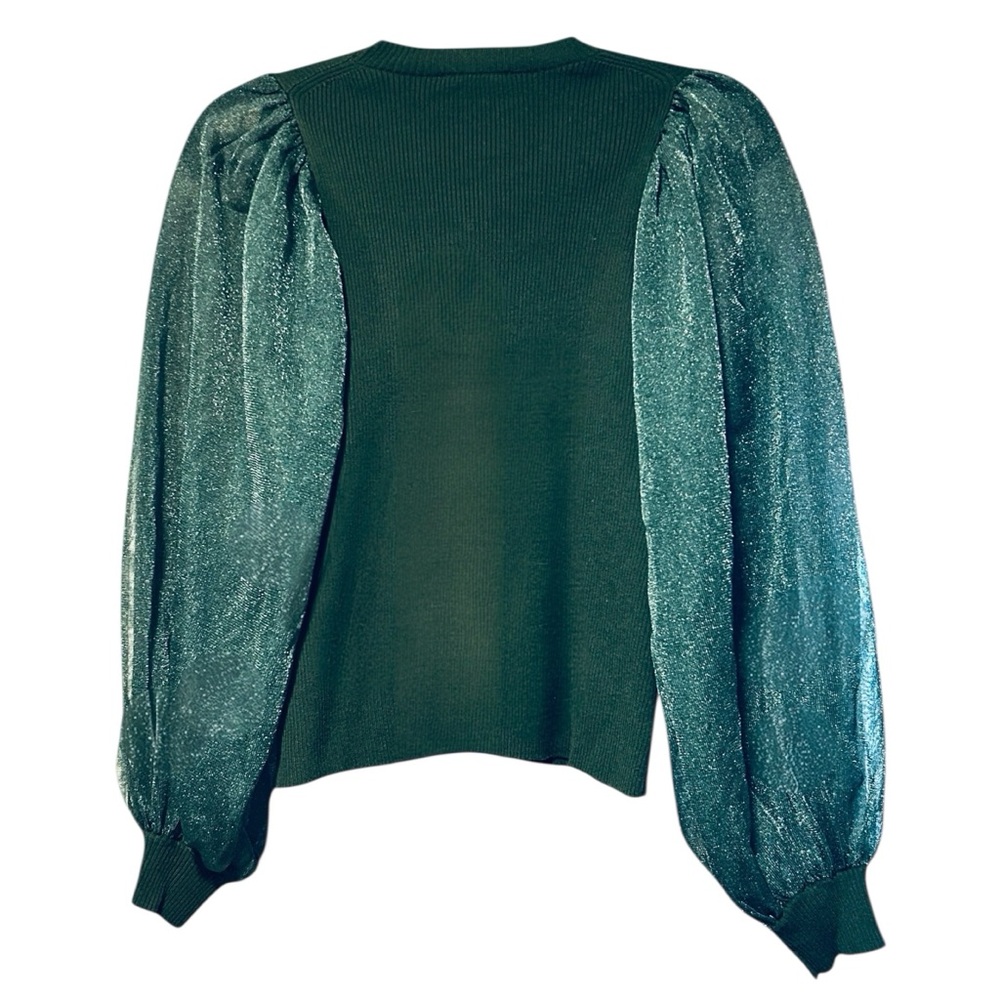 Tuckernuck Betsy Blouse –Green Knit with Sheer Balloon Sleeves – Size M - Picture 6 of 10